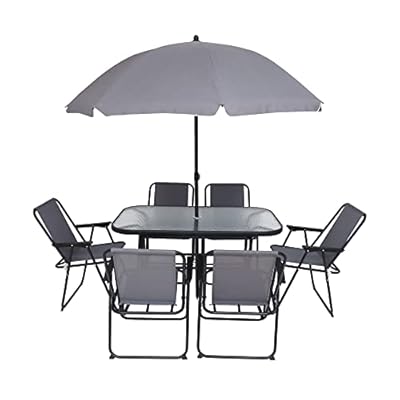 JOYTIO Folding Patio Dining Set, Garden Patio Furniture Set, 8-Piece Outdoor Dining Set with Tilted Removable Umbrella, 6 Folding Chairs, and 1 Rectangular Tempered Glass Table – Grey