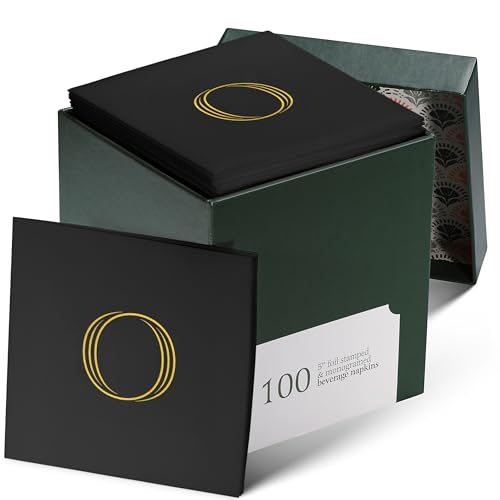 100 Pack Disposable Monogrammed Cocktail Napkins Black, 5"x5" Linen-Feel Gold Foil Letter O Paper Napkins, Initial White Beverage Napkins For Wedding, Party, Bar Or Holiday