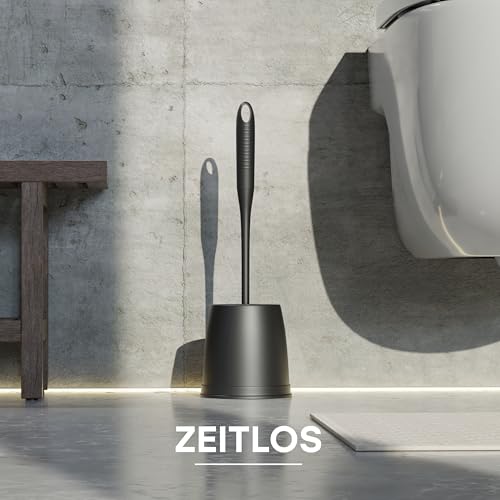 SAVEGA - Das Original - WC Bürste mit innovativer Borstenstruktur - Klobürste mit Halter - Hochwertiges Toilettenbürsten Set - Hygienischer Klobürstenhalter in matt schwarz - grau - rund