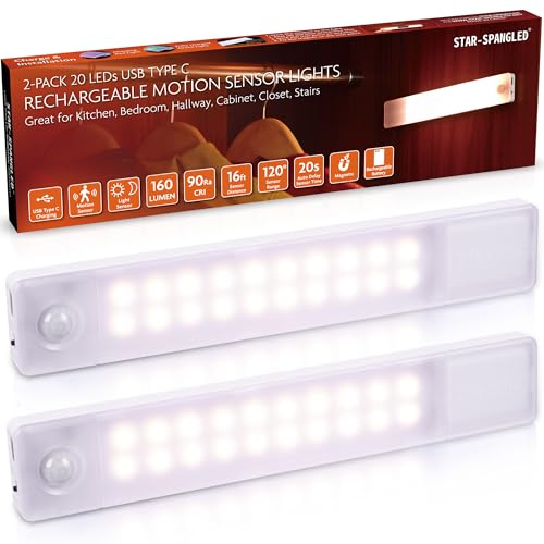 Image of STAR-SPANGLED Under Cabinet Lighting Rechargeable, 8 inch Motion Sensor Lights Indoor Battery Operated, USB Stick on LED Magnetic Closet Light for Counter, Stairs, Kitchen, Warm White, 2 Pack