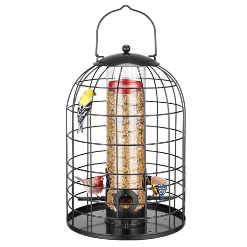 Kingsyard Metal Bird Feeder for Outdoors Squirrel Proof Caged Tube Feeders Hanging Green Wild Small Birds Rainproof Station for Garden Yard Seed Easy Clean Black