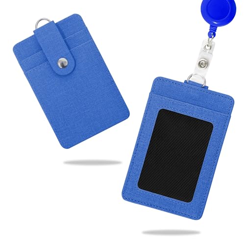 Image of Conisy ID Badge Holder with Retractable Lanyard, Vertical PU Leather ID Badge Card Holder with 2 Card Slots for Women Men (ID Badge Holder Navyblue)