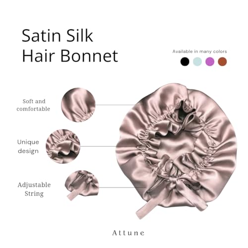 Image of Attune SatinSilkBonnet for Hair with 4 Premium Scrunchies, Adjustable Silk Hair Cap for Sleeping, Satin Bonnet for Curly Hair with Drawstring (Beige)