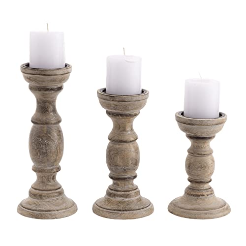 JFY Designs | Constantine Hand Carved Solid Wood Candle Holder | Pillar Candle Holders | Decorative Candlestick Holder for Home Décor, Wedding, Dinning, | Burnt Natural | Set of 3 | 8