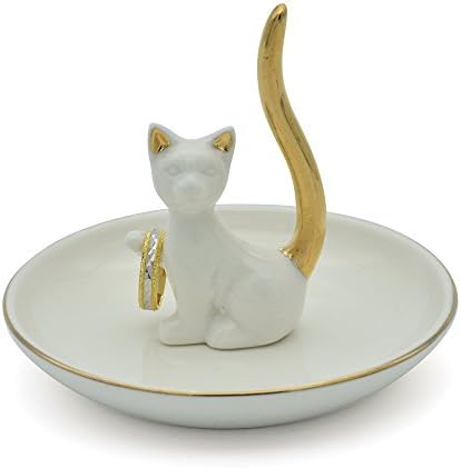 Exembe White Kitty Adorable Posture Trinket Dish Ring Holder Jewelry Rack Tray Golden Tail