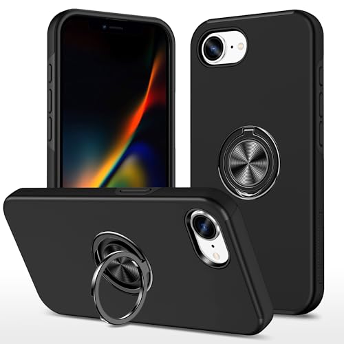 iPhone 16e hoes schokbestendig siliconen magnetisch met 360° metalen ringhouder ultradun robuust zwart