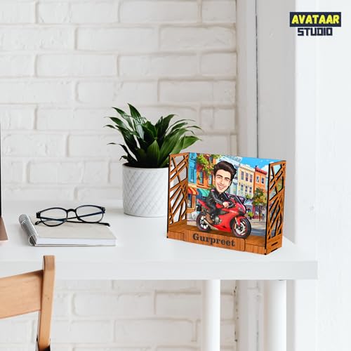 Image of Personalized Motorcycle Rider Caricature Gift Custom Photo Stand Birthday Gift for Husband Boyfriend Friend Unique Biker Cartoon Photo Frame (Motorcycle Rider-2, Box)
