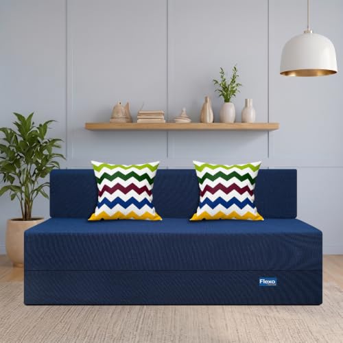 Image of Starlon 3 Seater Foldable Sofa Cum Bed 3-in-1 with 2 Waves Pattern Pillows, Washable Jute Fabric Cover, Space Saving Guest Bed, Pre-Assembled Royal Navy Blue 5x6.25 Ft