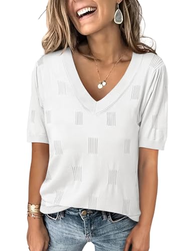 ANRABESS Summer Tops for Women 2024 Short Sleeve V Neck Sweaters Dressy Casual Blouses Lightweight Thin Knit Fashion Shirts Off-White, Large