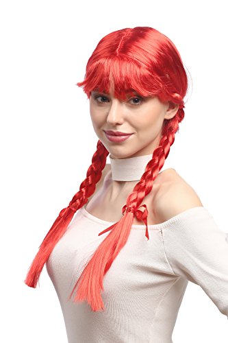 WIG ME UP - XR-008-PC13 Lady Party Wig Halloween Lolita schoolgirl long braided plaits with ribbons fringe red 23inch