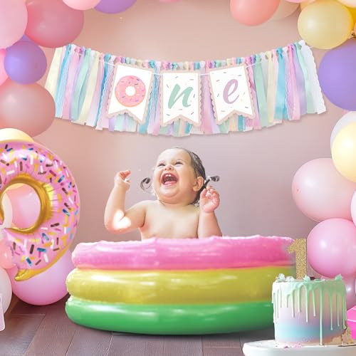 Image of Kriyokiaa Donut Highchair Banner 1st Birthday Girl Sweet One Birthday Party Decorations Rainbow High Chair Banner Photo Background