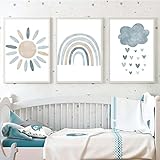 Recrtain Nursery Wall Prints Blue Sunshine Rainbow Cloud Canvas Wall Art, Child Wall Art Poster Boho Nordic Wall Pictures for Boys Baby Kids Room Decor Unframed