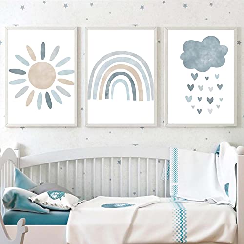 Nursery Wall Prints Blue Sunshine Rainbow Cloud Canvas Wall Art, Child Wall Art Poster Boho Nordic Wall Pictures For Boys Baby Kids Room Decor, Set Of 3 Cute Cartoon Prints Boys Room Wall Decor Unframed #TOP5