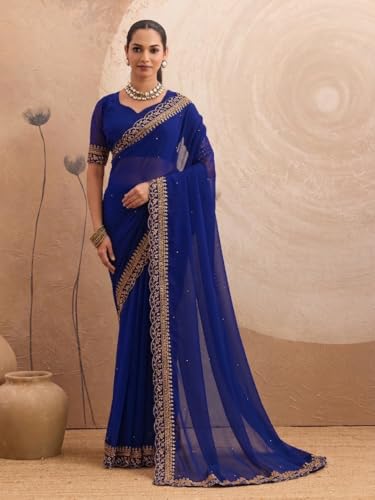 Image of Women's Georgette Embroidery Border Beads work Saree with Blouse Piece