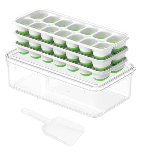 Image of ChefAide Ice Cube Tray with Lid and Bin, 3 Packs 42 Cubes Silicone Plastic Ice Cube Trays for Freezer, Stackable Ice Tray with Container, Ice Scoop for Drinks, Coffee and Cocktails
