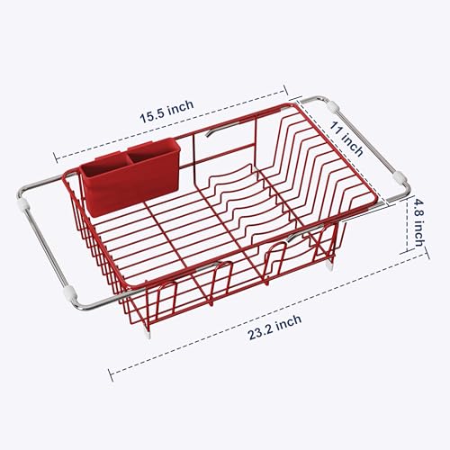 Image of JASIWAY Red Dish Drying Rack in Sink, Dish Drainer with Utensil Holder