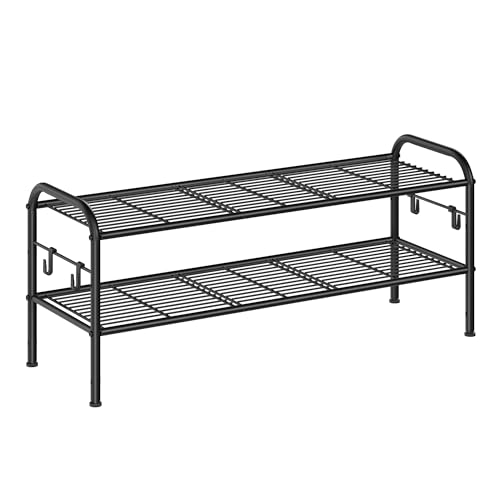 SONGMICS Shoe Rack, 2-Tier Shoe Organizer, Metal Shoe Shelf Storage with 4 Side Hooks, Holds 10 Pairs of Shoes, Height-Adjustable Shoe Rack for Entryway, Hallway, Closet, Easy Assembly, Ink