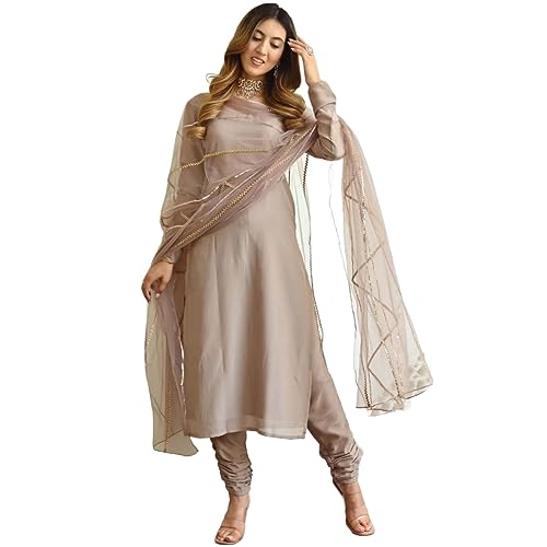 Image of GoSriKi Women's Cotton Blend Straight Solid Kurta with Pant & Dupatta