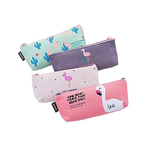 Amaoma 4 Pièces Toile Trousse à Crayon, Trousses Scolaire Flamingo Porte Document pour Crayons Cosmétiques, Trousse Stylo Stockage Porte Monnaie, 20 * 9.5cm (Vert,Rose,Beige,Marron) Cover