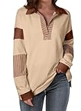 BLENCOT Oversized Sweatshirt For Women Contrast Striped Patchwork Sleeve Collar Neck Comfort Colors Pullover Workout Split Sweater Autumn Tops Beige Medium