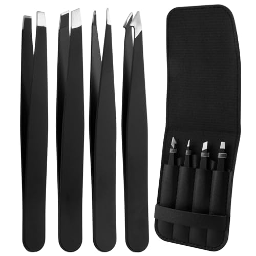 Juego de Pinzas de Precisión Profesionales – Pack de 4 Pinzas Negras en Acero Inoxidable 420, – Ideal para Cejas, Vello Facial, Pelos Encarnados y Astillas