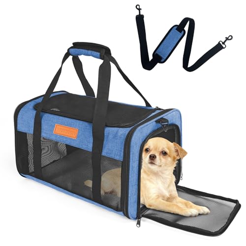 FOXFOCUS Dog Carrier Airline Approved - 17"×11"×9.5", Underseat, Under 10 lb, Top & Side Entry, Soft Sided Pet Carrier with Anti-Scratch Mesh for Small Dogs - Ideal for Travel and Vet Visit - Blue