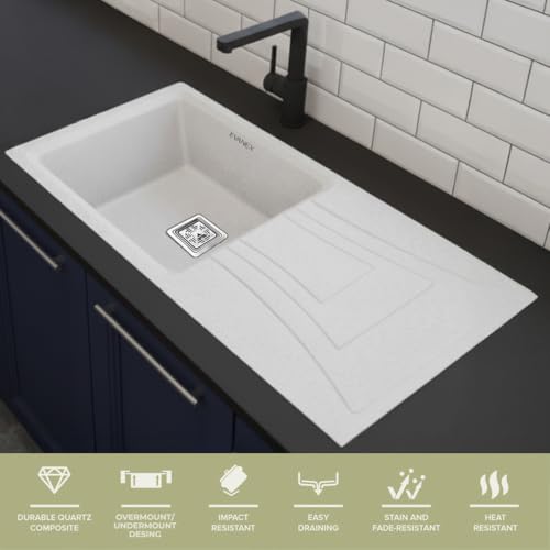 Image of EVANEX Quartz Sink for Kitchen|36x18x9 inch Kitchen Sink with Drain Board|Granite Sink for Kitchen Basin|White Quartz Kitchen Sink with Connector, Waste Pipe, Coupling and Drain Basket
