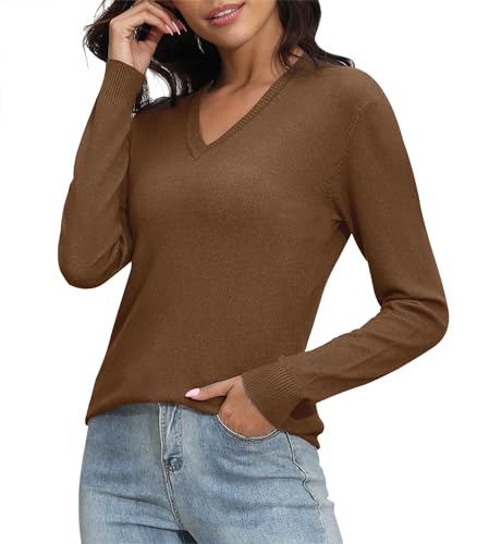 Image of EXCHIC Women's Long Sleeve V-Neck Casual Sweaters Fall Classic Soft Knit Top 2026 Fit Basic Pullover Tops