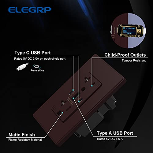 Image of ELEGRP USB Outlets, 30W 6.0 Amp USB C Outlets Receptacles, 3-Port USB Wall Outlet, 20 Amp Tamper-Resistant Outlet with 2 USB C Ports, UL Listed, Screwless Wall Plate Included, 1 Pack, Matte Brown