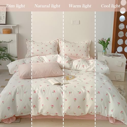 Image of Duvet Cover Set King Size,White Pink Floral Bedding Duvet Cover with Tulip Pattern,Soft Microfiber Comforter Cover with Zipper Closure and 2 Pillow Shams