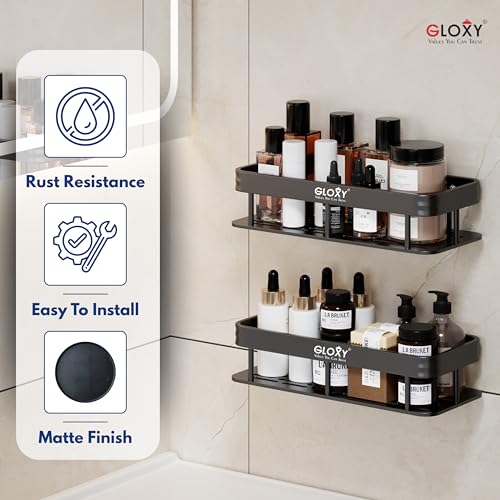 Image of GLOXY Combo Pack of 3 Black Self-Adhesive Bathroom Shelf Caddy - Bathroom Organiser Without Drill - Heavy Duty Aluminium Toiletries Storage Rack - Wall Mounted Shelf for Bathroom & Kitchen