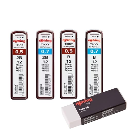 Rotring Recambios de plomo de alto polímero para portaminas finas | 0,5 mm B y 2B | 0,7 mm B y 2B | 48 minas | Borrador Tikky 20