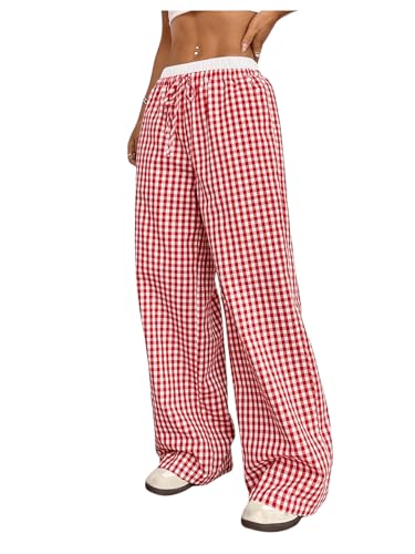 OYOANGLE Women's Plaid Print Drawstring Waist Y2K Long Pants High Rise Straight Leg Loose Casual Pants Streetwear