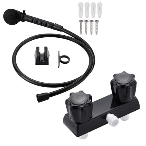 Image of RV Shower Faucet with Hose and Head, RV Outdoor Shower Kits, RV Tub Faucet with Shower Diverter Outdoor Shower Kit Fits for RV /Campers,Travel Trailer,Motorhome (Shower Faucet Kit, Black)