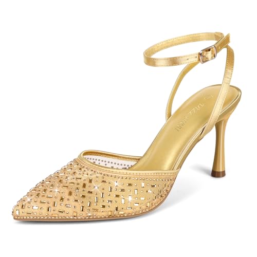 PIZZ ANNU Cienna Escarpins à talons hauts sexy à bout fermé en maille avec strass scintillants et sangle de cheville pour robe de fête de mariage, doré,...