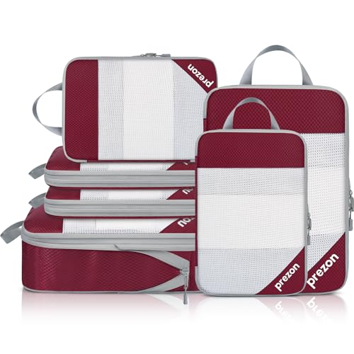 Prezon Versatile 6-Set Cubos de embalaje huecos con compresión, Diseño de malla transparente, Ahorran espacio y son ligeros, Arganizador de equipaje portátil y duradero, Burdeos