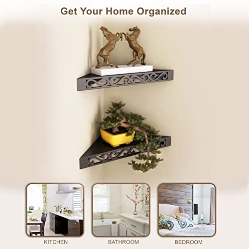 Image of Home Sparkle Engineered Wood Corner Shelf | 2 Set Wall Mounted Decorative Wall Shelve | Floating Corner Shelves for Bedroom, Living Room, Bathroom, Bookshelf - Black