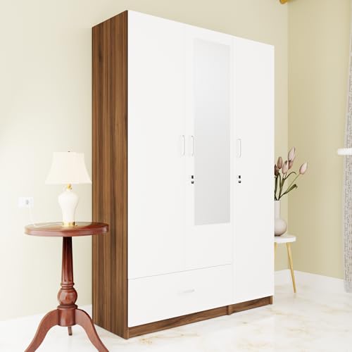 Image of VIKI Wardrobe |Wooden Almirah for 3 Door Wardrobe with 1 Drawer & Hanging Space with Mirror (Walnut |White - 40D x 120W x 180.8H) | 1 Year Warranty | Free Assembly