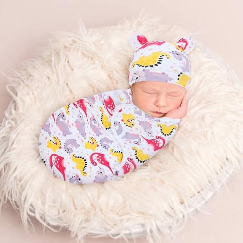 Image of Cinaci 2 Pieces Adjustable Soft Cotton Baby Swaddle Sleep Sacks Hats Newborn Nursery Caps Beanies Bonnets Swaddle Blanket Wraps for Baby Girls Boys Infants Newborns (2PCS S5)