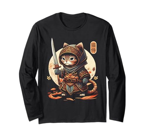 Japanese Samurai Cat Tattoo Kawaii Ninja Cat Long Sleeve T-Shirt