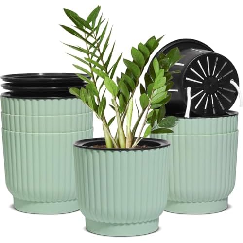 T4U 6 Inch Self Watering Pots for Indoor Plants, 6 Pack Green Plastic Flower Pots for All House Plants, Flowers, African Violets