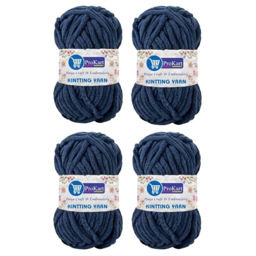 Image of ProKart Premium Blankie Wool, Plush & Cuddly, Chenille Yarn Supersoft Hand Knitting Wool Ball | Blanket Thick /Mottu Yarn Ball Suitable for Hand Knitting and Crocheting for Baby, Adult, Sweaters, caps, Throws, Home Furnishing, Scarves, Blankets (Navy Blue, 100gms x 4 Pack)
