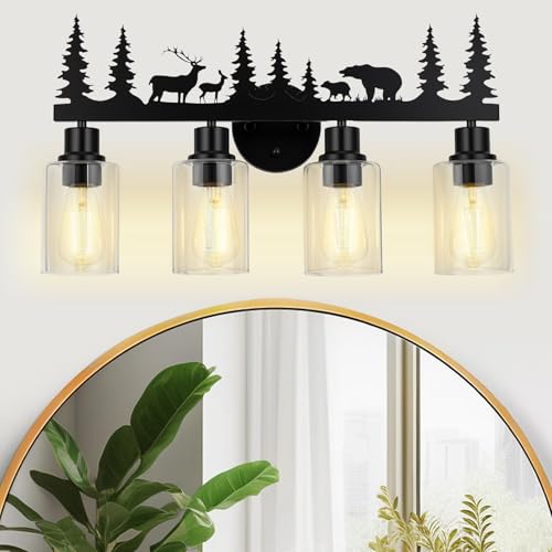Image of Rustic Bathroom Light Fixtures, 4-Light Farmhouse Vanity Lamp with Deer and Bear Design, Black Wall Lighting with Clear Glass Shade for Bathroom, Hallway, Kitchen, Porch