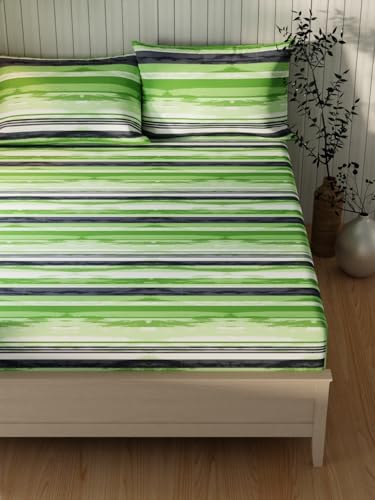 Image of KOPA Extra Smooth Cotton Double Bedsheet with 2 Pillow Covers -3pc Set (Lopez) | Extra Smooth Cotton | 1 Double Bedsheet with 2 King Size Pillow Covers Stripe-Lime /Green