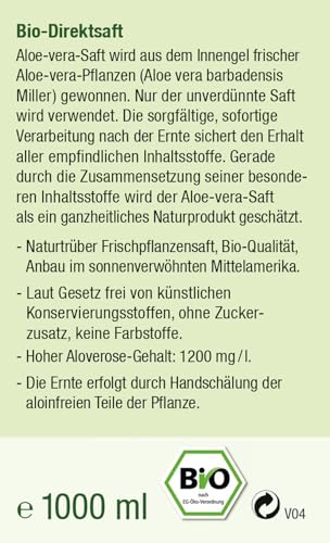 KOPP Vital® Bio-Aloe-Vera-Saft | 1 Liter | 100% Direktsaft | Bio-Qualität | Naturtrüber Frischpflanzensaft | Hohe Aloverose-Gehalt