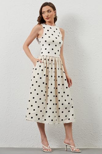 Image of TERIVEEK Women Summer Polka Dots Sleeveless Midi Dress Casual High Neck Patchwork Tank Sundress Boho Flowy Dress with Pockets