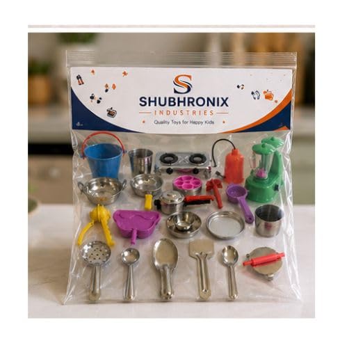 Image of Shubhronix Kids Kitchen Pretend Play Set, Stainless Steel Utensils with Gas Stove and Mixer, for Ages 3+