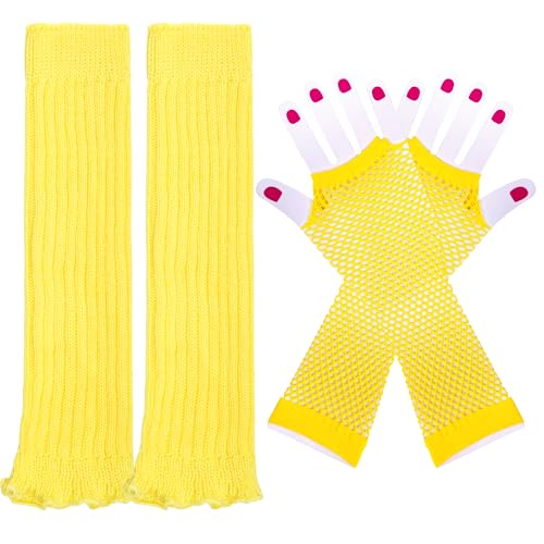 Miayon Leg Warmers Fishnet Gloves Fingerless Set Knit Long Socks for Women Girls 80s 90s Party Accessories Halloween (Yellow small)