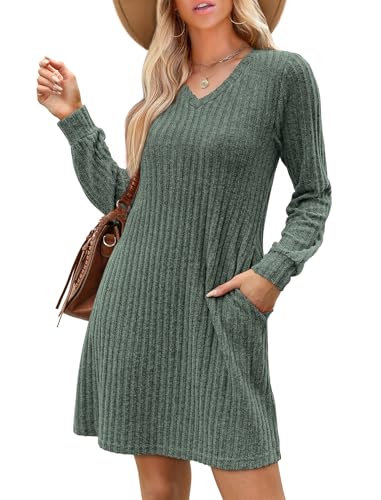Sampeel Womens Fall Dress Casual V Neck Long Sleeve Lightweight Sweater Dress Vacation Travel Outfits 2024 Green S