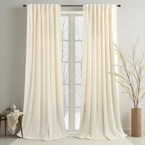 Image of Cream Beige Velvet Curtains 102 Inch Custom Length for Kids Bedroom Aesthetic Contemporary Modern Farmhouse Cute Fancy Silk Satin Textured Ruffle Curtains for Closet Cabin French Country Movie Theater